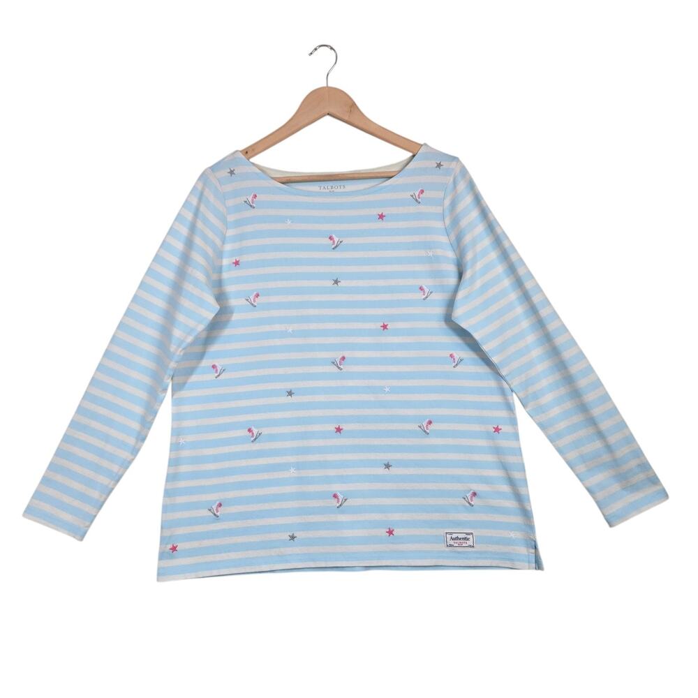 Talbots Authentic Embroidered T Shirt sz X Blue Ivory Striped Ice Skates Stars